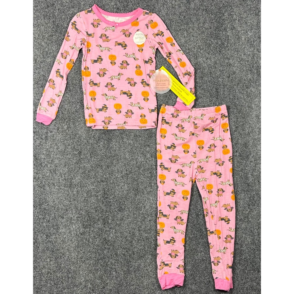 Milkberry Pink Halloween Dachshund Bamboo Rayon Pajama Set Kids 4T NEW